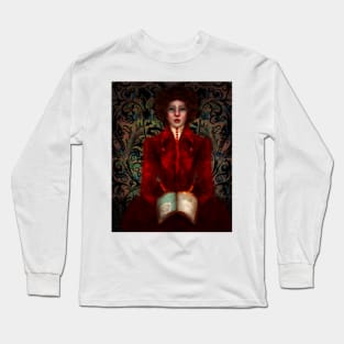 Dark Academia Lowbrow Art Portrait of Historical Ruby Red Fashion Illustration of Librarian Holding Illuminated Manuscript Long Sleeve T-Shirt